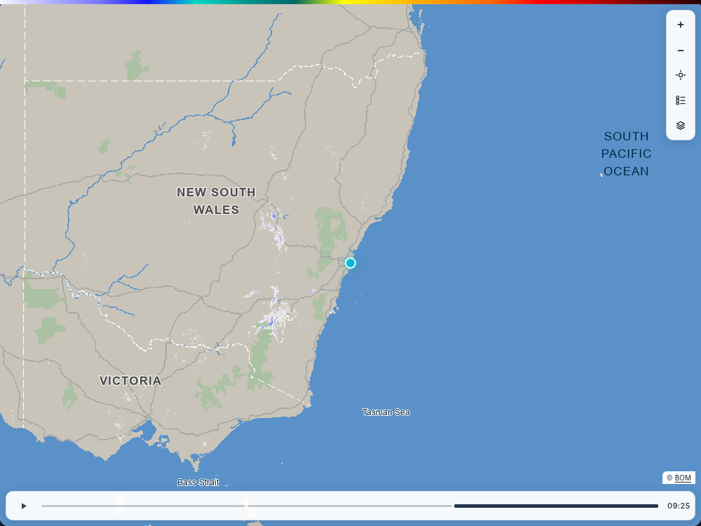 BOM Radar Card showing the New South Wales radar map, playback timeline and map controls