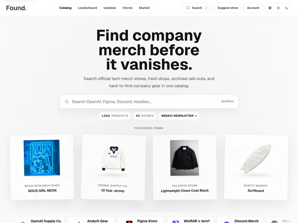 Found Merch’s searchable company merchandise catalog, showing its search and featured products