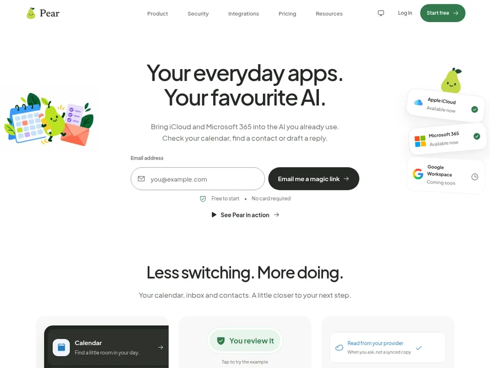 Pear’s website, introducing iCloud and Microsoft 365 connections for AI assistants
